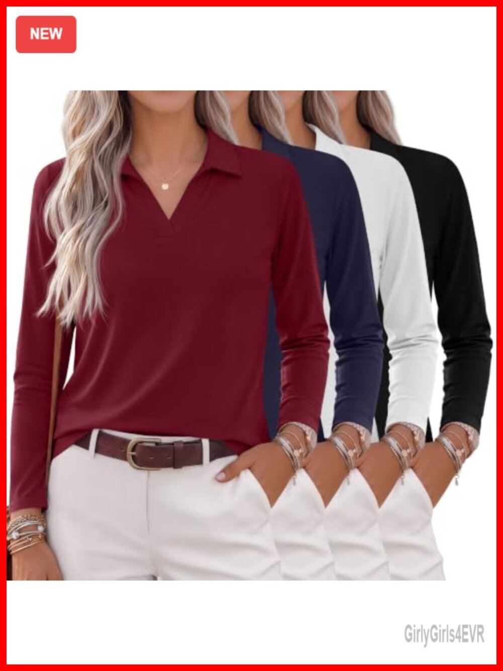 4 Pack Womens Long Sleeve Polo Shirts V Neck Loose Fit Tunic Tops